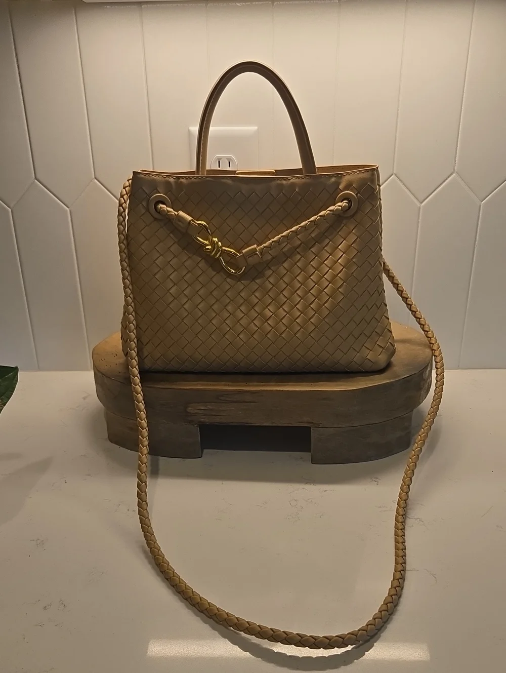 Woven Beige Leather Tote Bag with Braided Strap